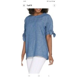 Martha Stewart elbow tie linenblend blouse dark blue chambray XL minimalist